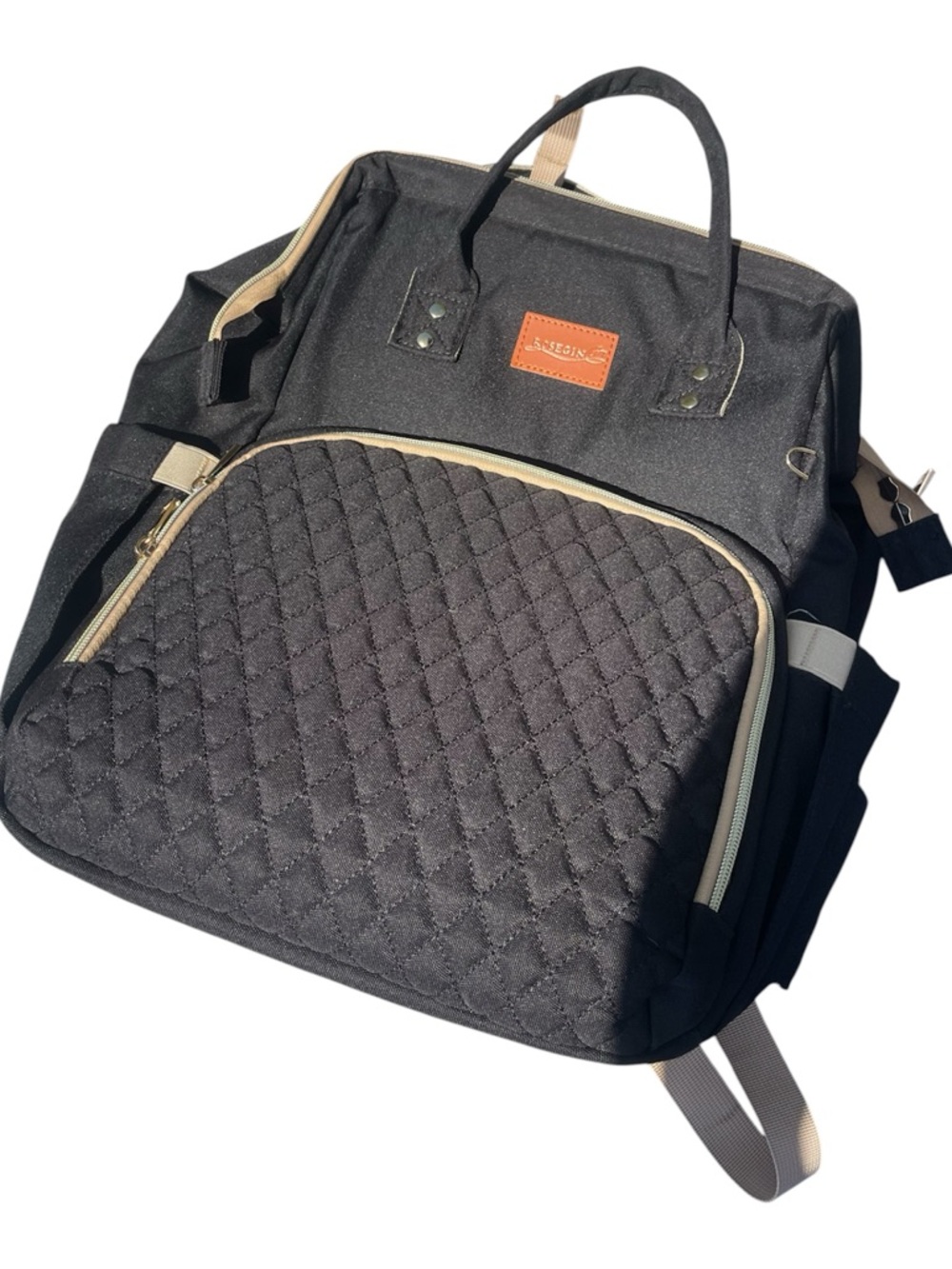 Stylish Black Diaper Bag with Beige Trim